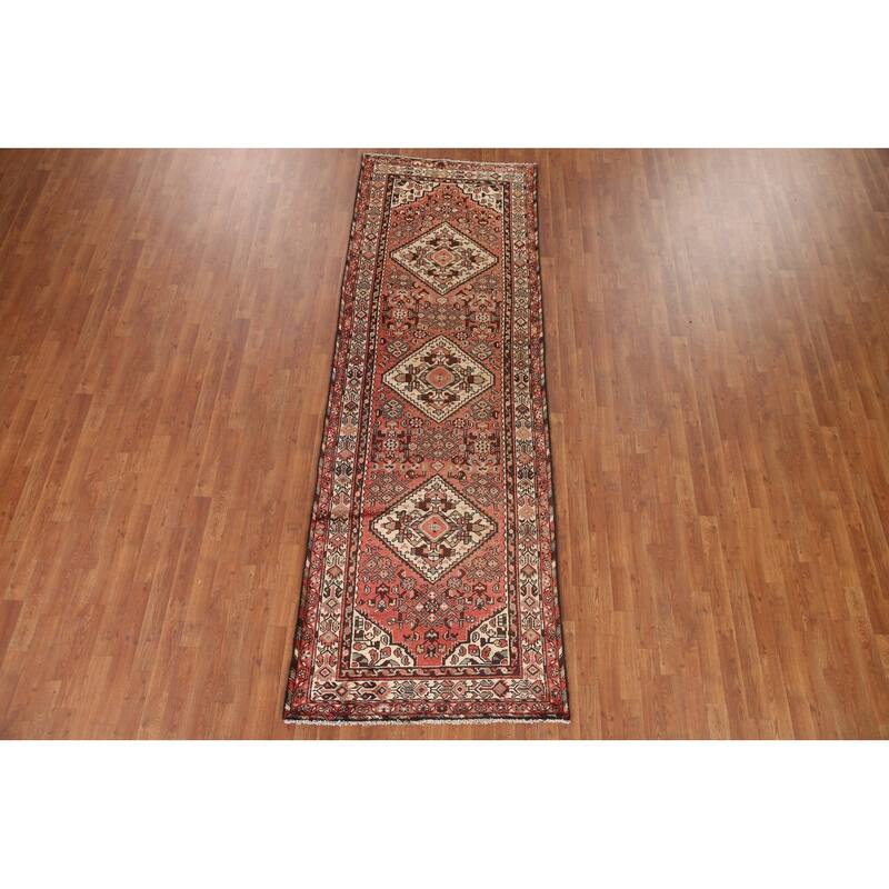 Hand Knotted Oriental 100% Wool Carpet Traditional Geometric Red Hamedan Runner Rug - 10' 3'' X 3' 6''