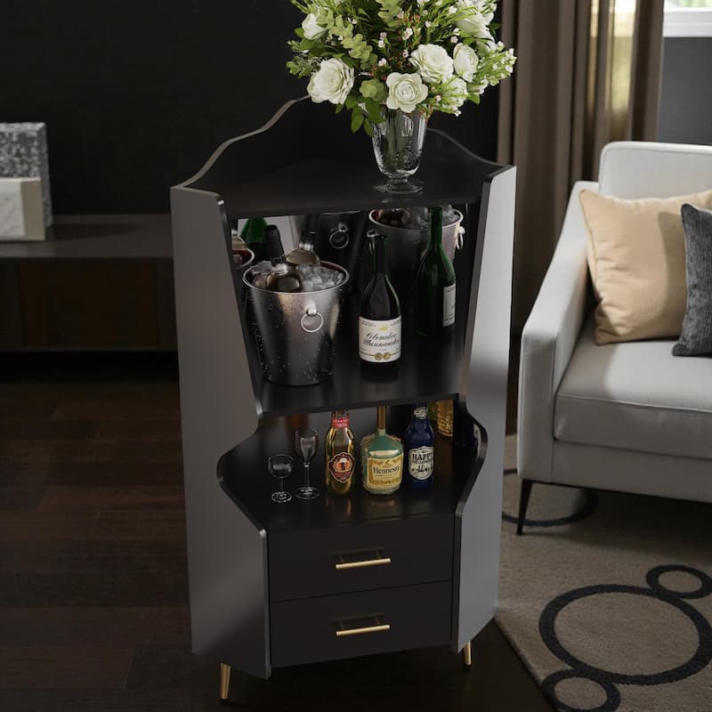 Modern Wooden Corner Bar Cabinet with Mirrored Back, 2 Drawers and Open Shelves, Buffet Sideboard for Dining or Living Room