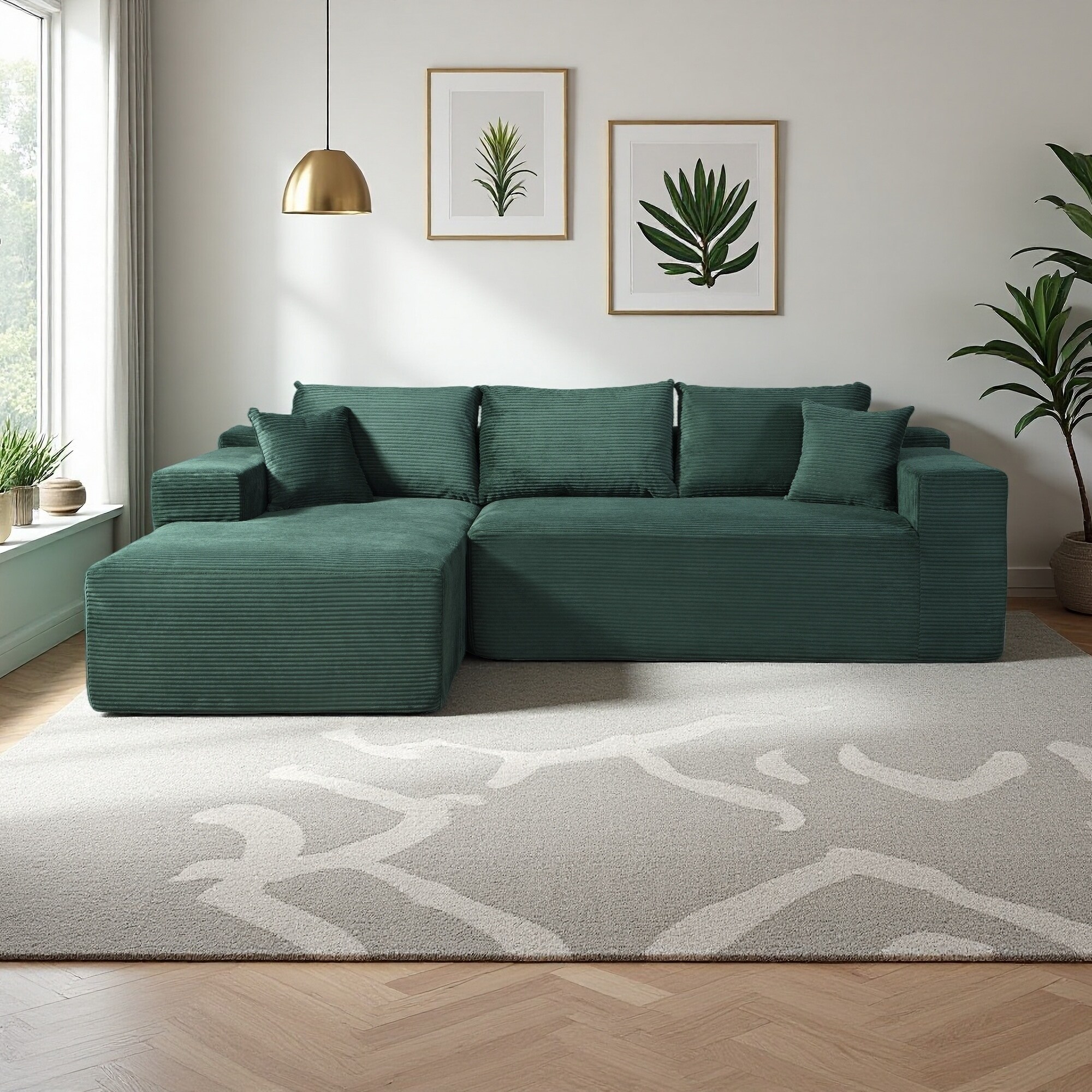 96.4" Corduroy L-Shaped 3-Seat Sectional Sofa with Pillows and Left Facing Chaise