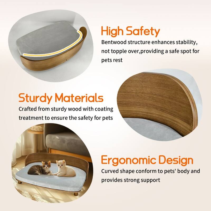 Elevated Dog Bed Curved Wood with Waterproof Soft Cozy Cushion Stool