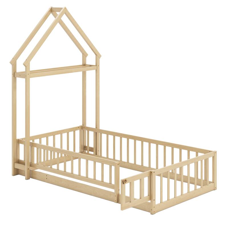 Montessori Twin Size Floor Bed Frame with Guardrails and House Shaped Headboard for Kids Bedroom
