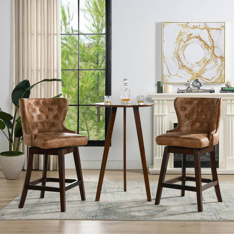 Holmes 27" Tufted Swivel Faux Leather Counter Stool - Set of 2 - Tan Brown