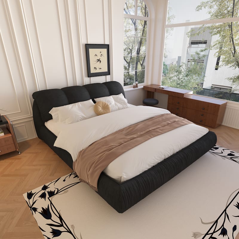 King Size Upholstered Bed Frame with Extra-Wide Cushioned Headboard, Solid Pine Slats & Adjustable Mattress Height