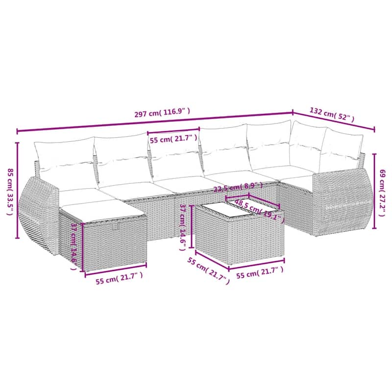 vidaXL Patio Sofa Set with Cushions Outdoor Conversation Furniture Poly Rattan - 24.4" x 24.4" x 27.2"