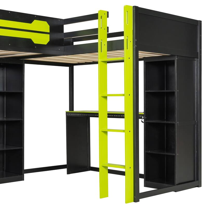L-shaped Bunk Bed Twin Size Gaming Loft Bed with Desks, TV Stand, Shelves, Light Strip, Charging Station and Reversible Layout