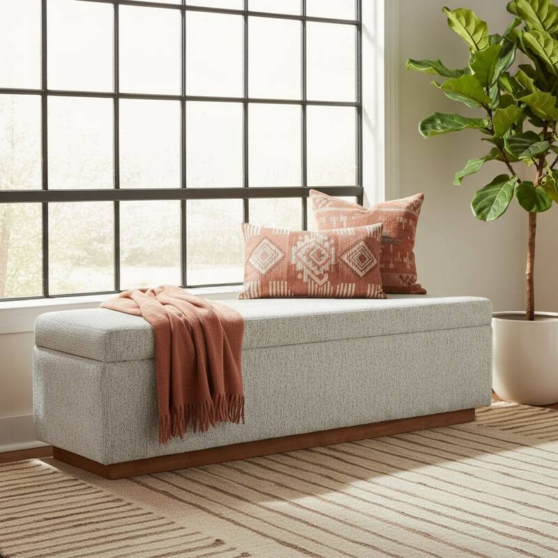 Modern 60" Chenille Weave Upholstered Storage Bench