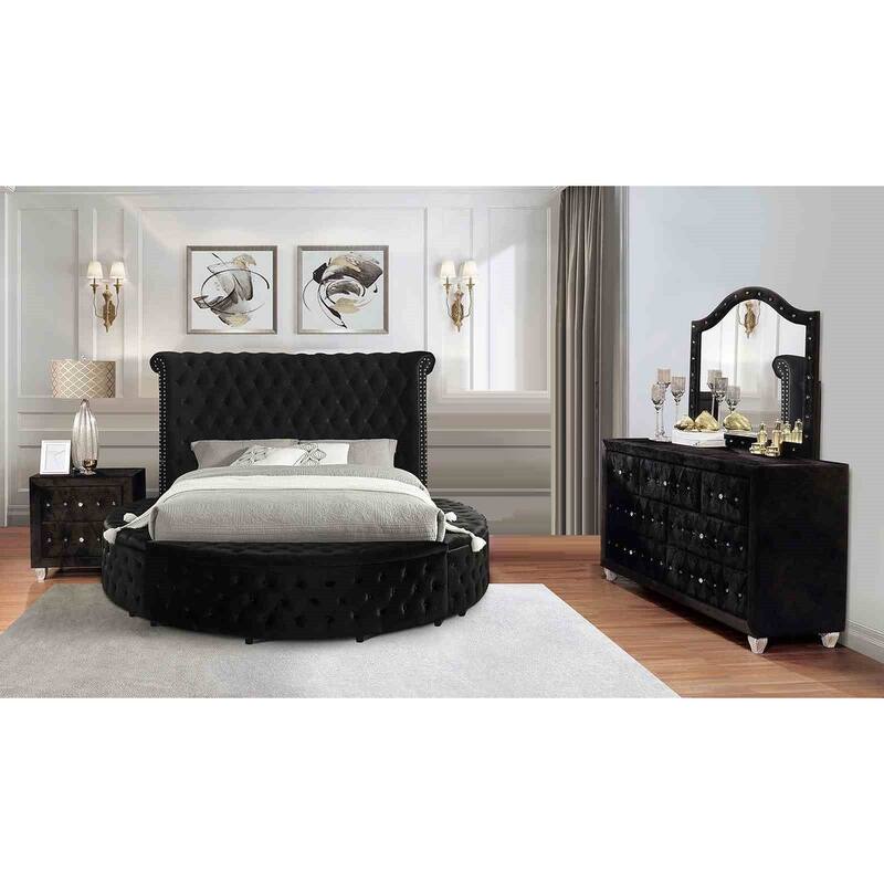 Black Finish Glam 4pc Bedroom Set with USB Port Round Bed