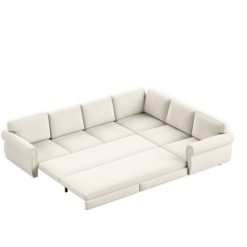 L-Shaped Sofa Couch with Pull-Out Bed, Convertible Sleeper Sofa with Nailhead Trim & Rolled Arms, Chenille Upholstered Couch