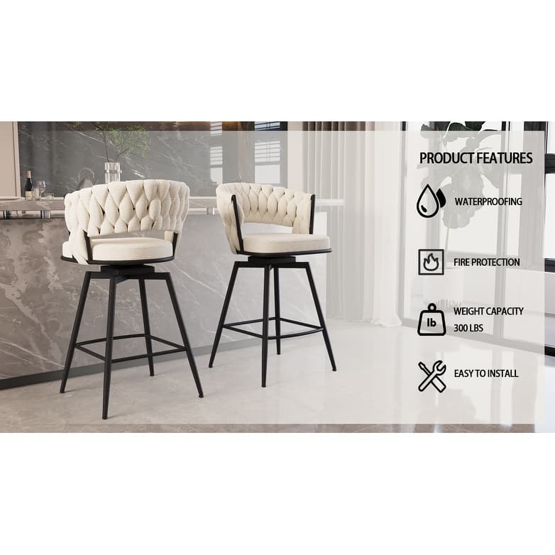 Bar Stool Set of 2, Upholstered Swivel Bar Stool with Woven Back and Armrest, Kitchen Island Chairs with Footrest