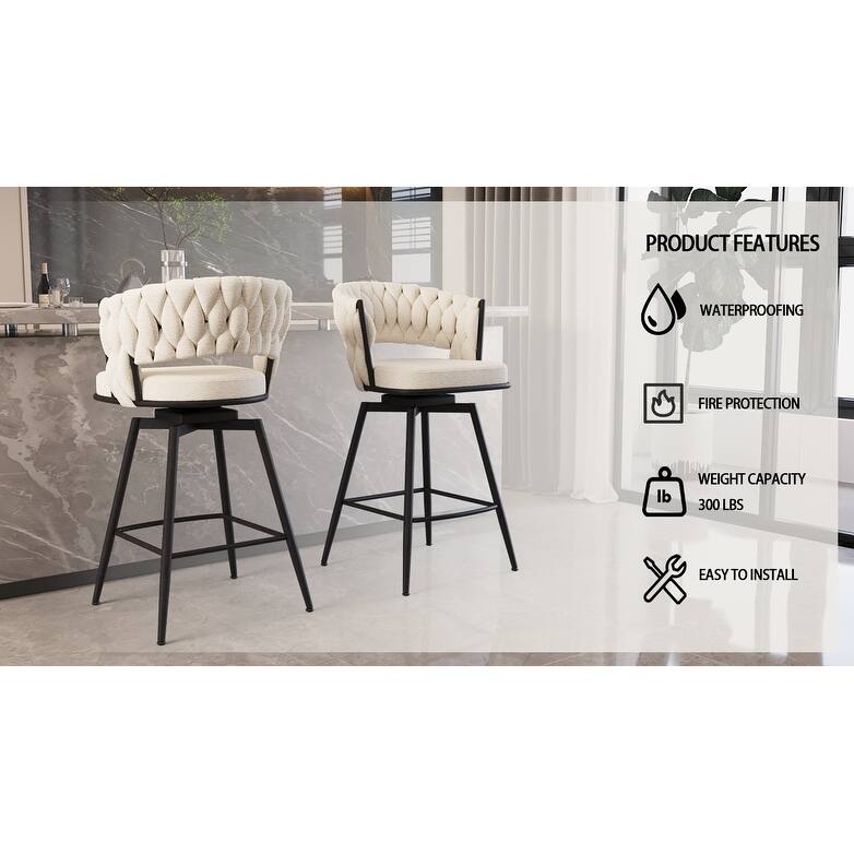 Suede Woven Bar Stool Set of 4, No Adjustable Kitchen Island Chairs,360 Swivel Upholstered Counter Stool with Back Footrest