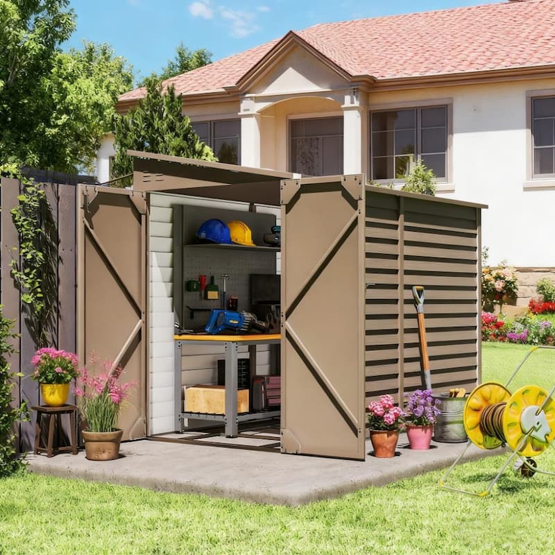 GDFStudio - Outdoor Lean-To Metal Storage Shed with Lockable Door, Foundation Kit & Ventilation for Backyard and Patio Storage