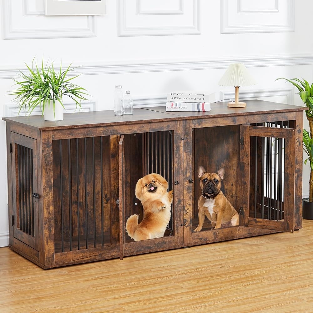71inch Large Dog Crate Furniture for 2 Dogs Brown MDF
