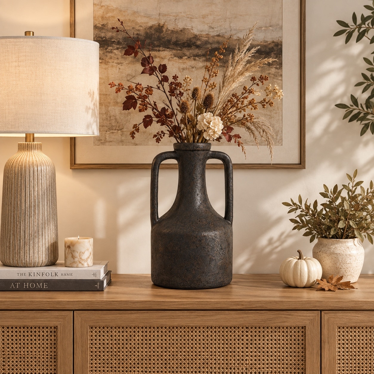 Decorative Vase - Black Terracotta with Handles, 15.75"