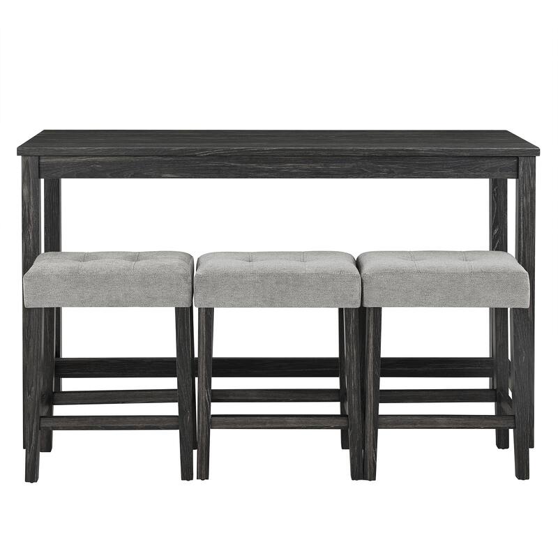 Black Grey Bar Table Set with Power Outlet, 3 Ergonomic Backless Stools, 4 Piece Dining Table Set with 3 Upholstered Seat
