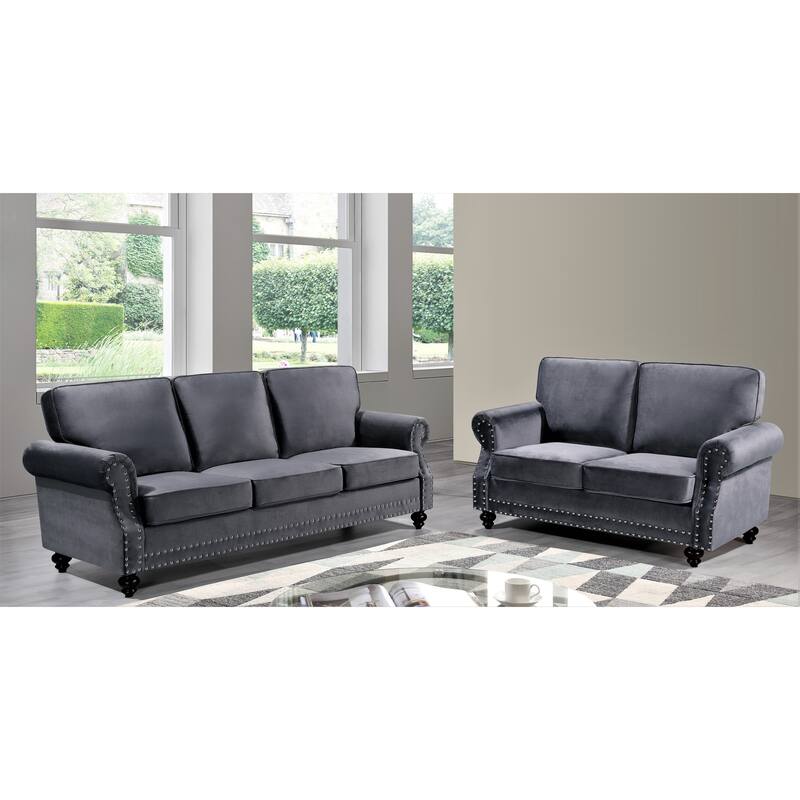 Suffield Velvet Nailhead 2-Piece Set-Loveseat & Sofa - Grey
