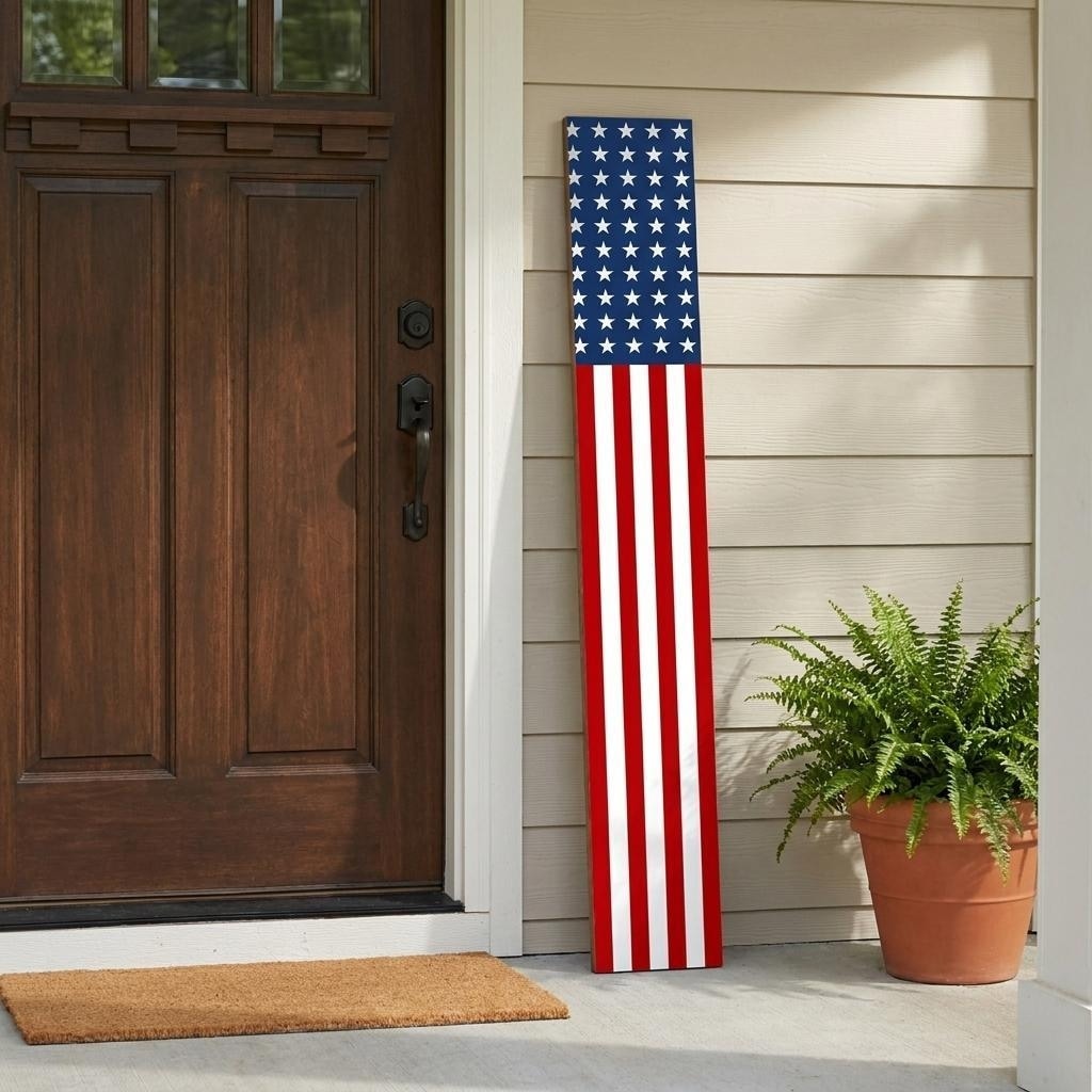 HomeRoots 59" Red White And Blue Stars And Stripes Solid Wood Porch Sign