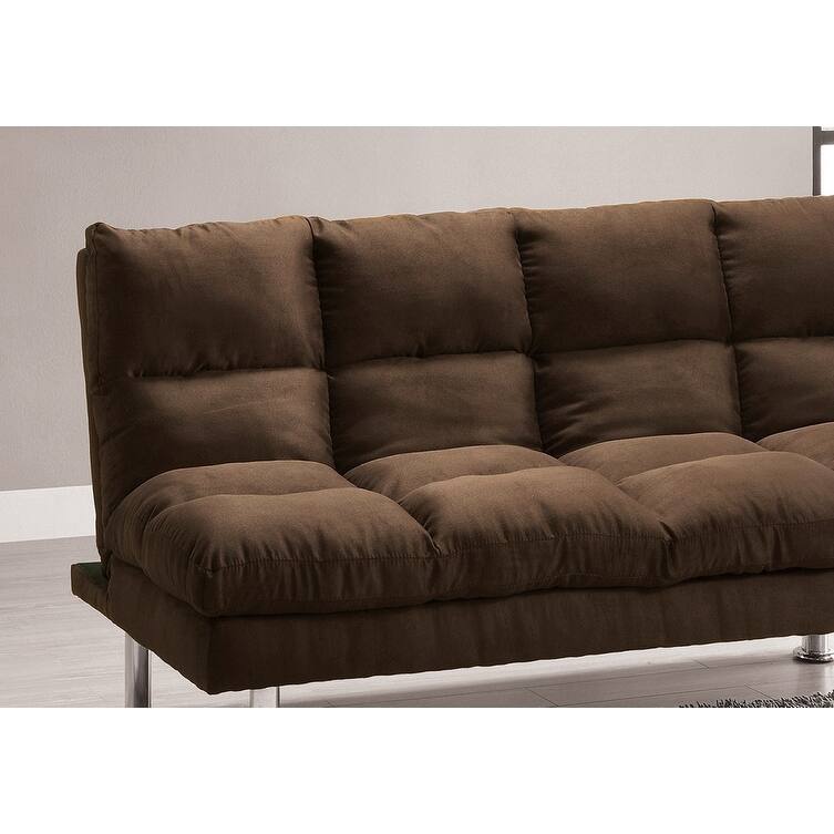 Contemporary Style Futon Sofa Bed Microfabric Converted Into Bed Wit Extra Leg Support Chrome Base Legs Dark Brown Finish