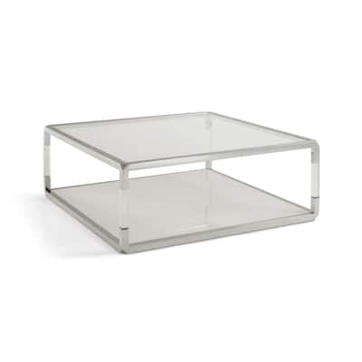 Jape 47 Inch Square Coffee Table, Glass, Stainless Steel, Clear Acrylic