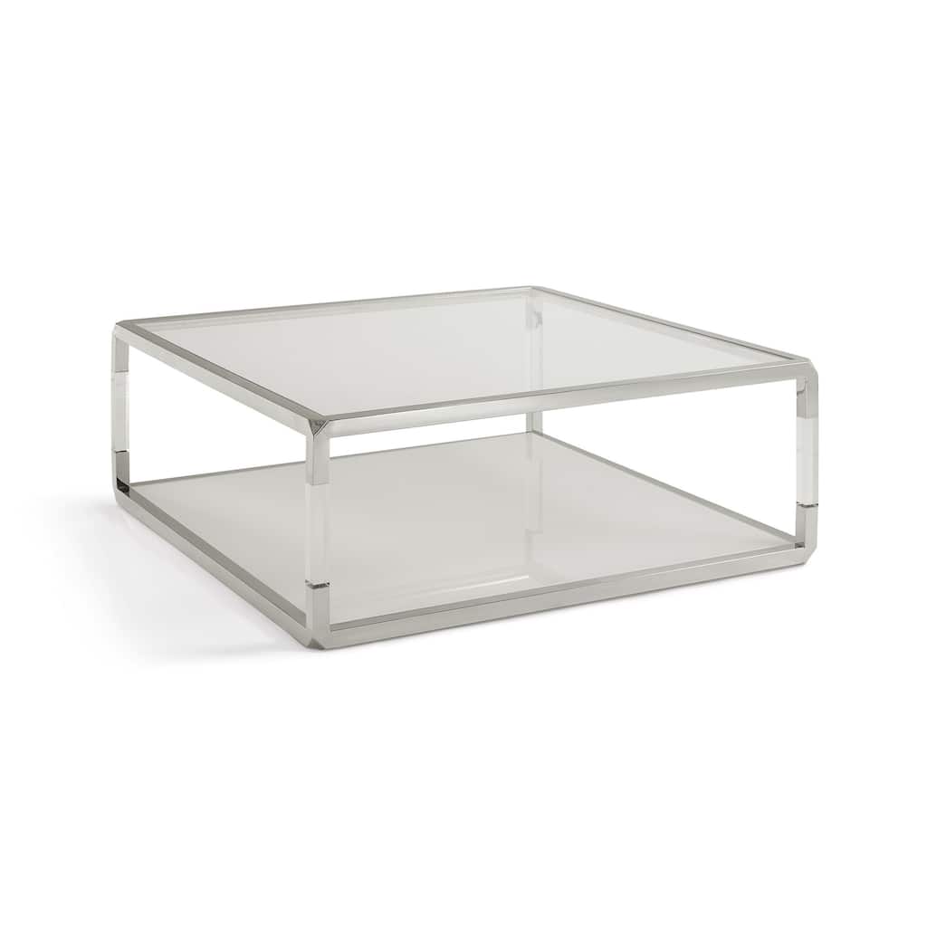 Jape 47 Inch Square Coffee Table, Glass, Stainless Steel, Clear Acrylic