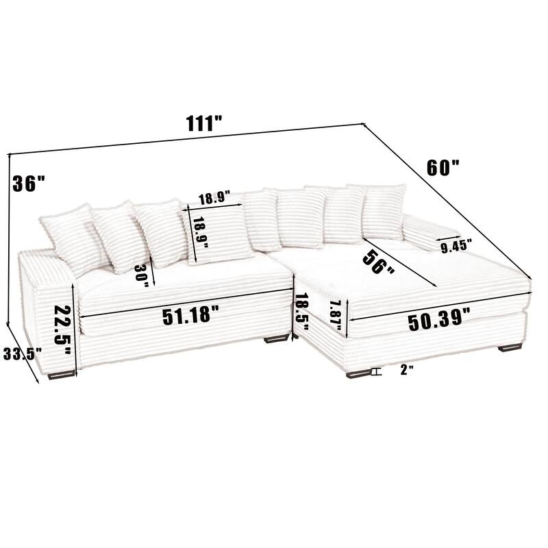 111" Corduroy L-Shape Sectional Sofa with Right Chaise, 8 Throw Pillows and Square Armrests