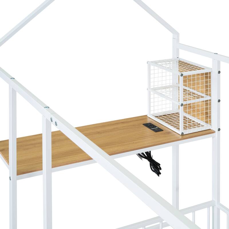 Stylish Twin Metal House Bed with Desk, Shelves, USB Ports, and Power Outlets - Modern Kids Bed
