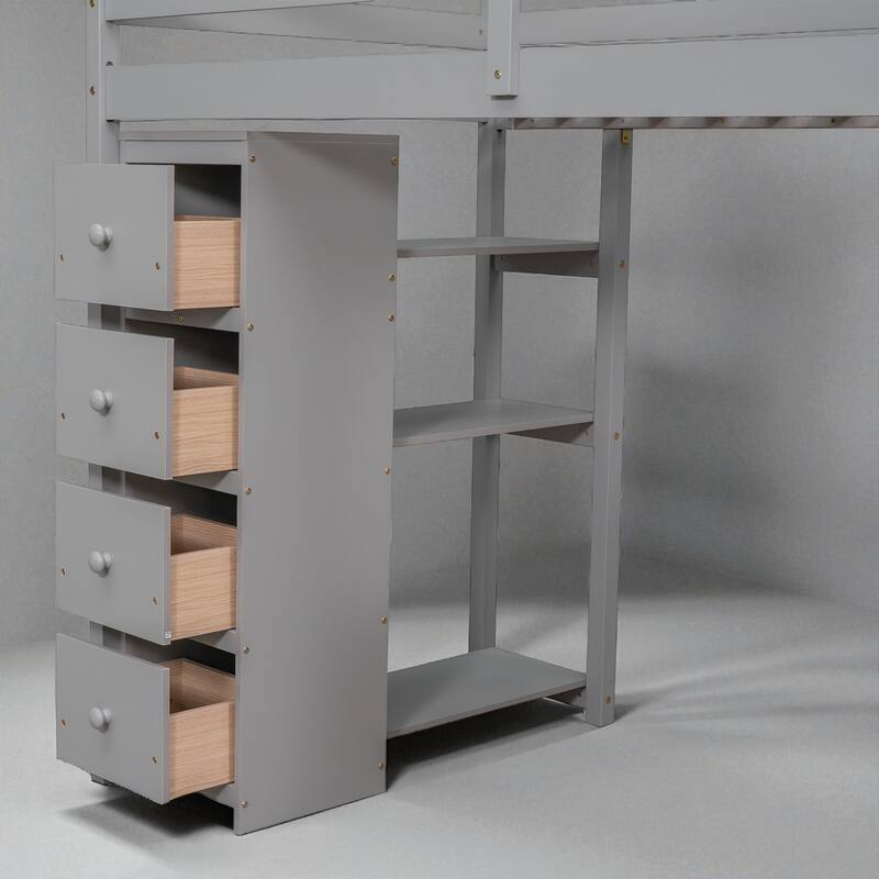 Twin Size Loft Bed with Desk, Storage Drawers, Shelves & Stairs, Wooden Frame for Kids & Teens