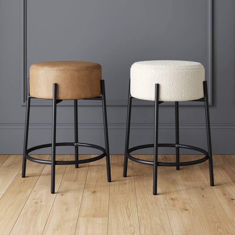 Isaac Modern Backless Metal Round Bar Stool with Boucle Padded Seat and Metal Base