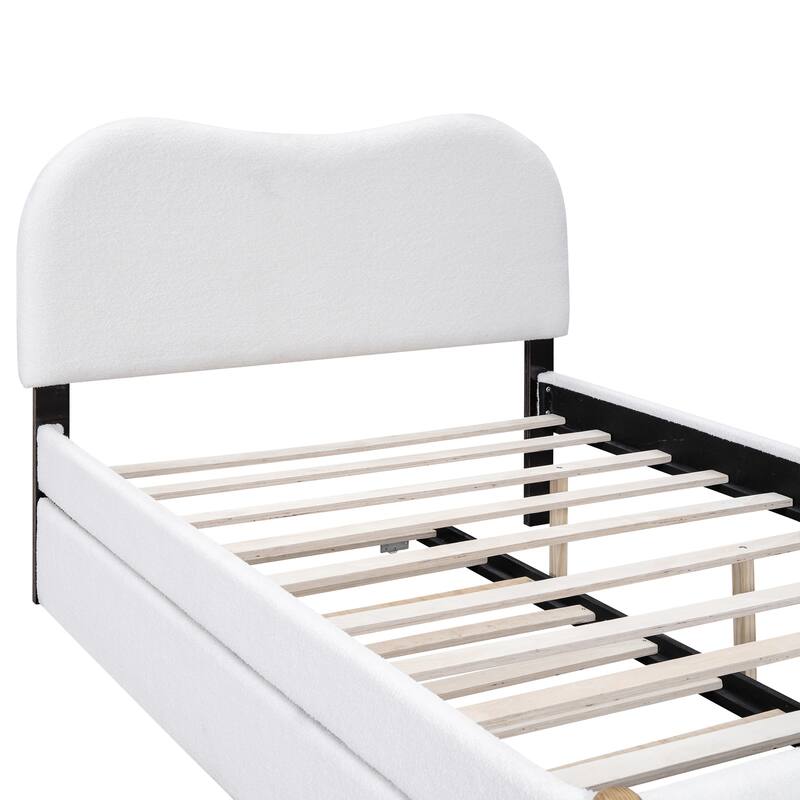 Upholstered Platform Bed with Twin Trundle, Berber Fleece Bed Frame with Thick Headboard, Wood Supporting Feet