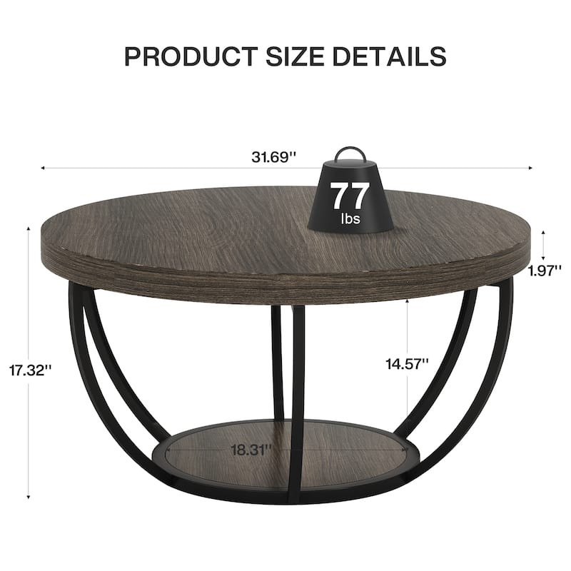 Round Coffee Table, 31.7" Wooden 2-Tier Circle Coffee Table with Storage Shelves, Accent Cocktail Table Center Table