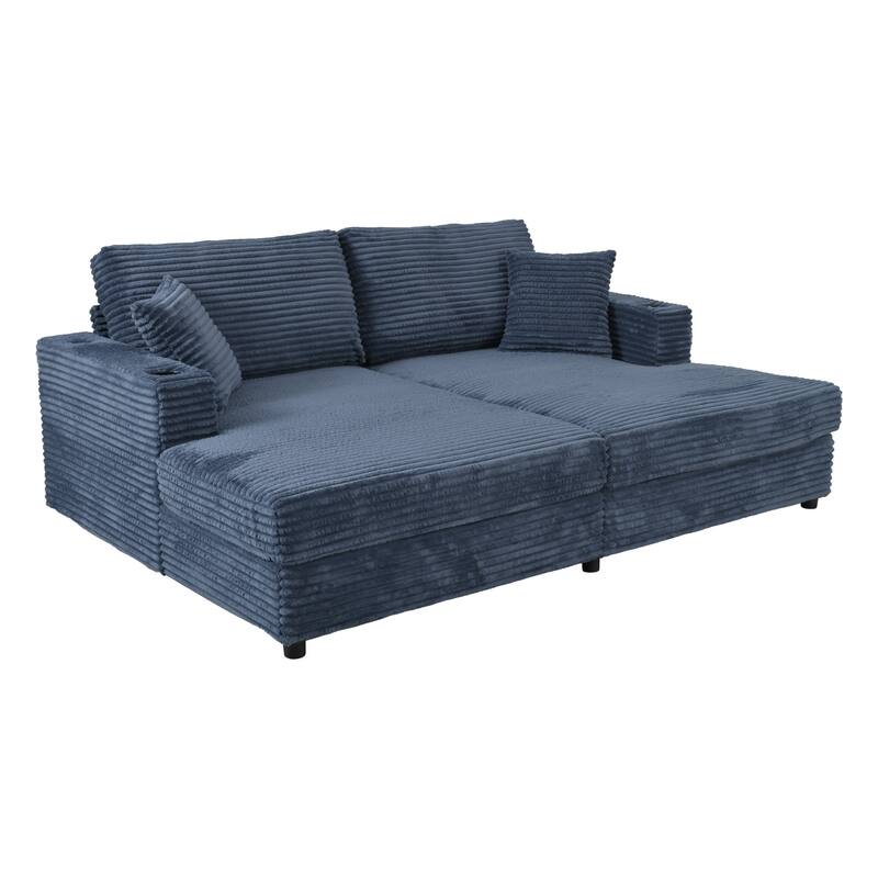 86.5" Corduroy Chaise Lounge Sofa Bed with USB & Cup Holders