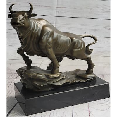 Upward Facing Bull Bronze Metal Statue Sculpture Figure Marble Base Signed Original 10 Inches X 11 Inches