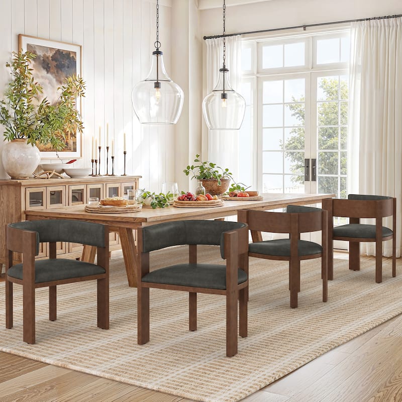 Modern Wooden Dining Chairs Set of 2/4/6 Upholstered Round Dining Chairs Kitchen and Dining Room Chairs with Arm and Backrest - Set of 4 - Black/Faux Leather