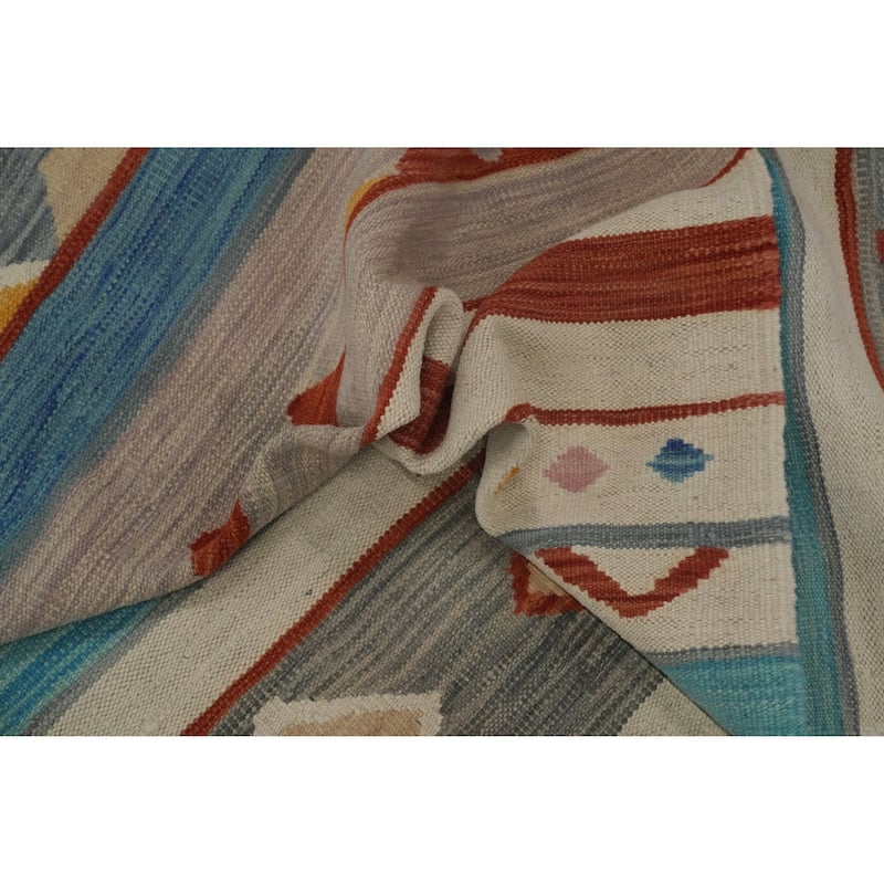 Hand Woven Oriental 100% Wool Carpet Southwestern Tribal Beige & Ivories Kilim Area Rug - 8' 10'' X 5' 7''