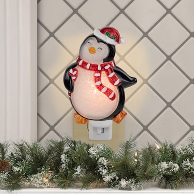Happy Penguin Holding Candy Cane in Santa Hat Christmas Night Light - 6"