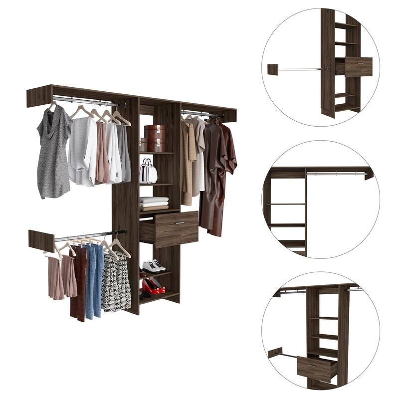 FM Furniture Cross Closet System with Drawer, 3 Metal Rods, and 5 Open Shelves