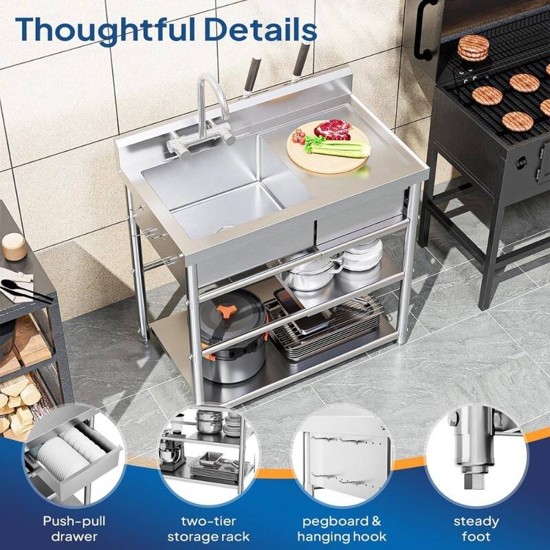 36 In. Stainless Steel Freestanding Single Bowl Sink Laundry/Utility Sink In Silver With Drawer & Hanging Hook - N/A