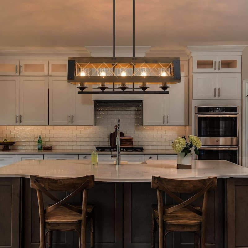 Farmhouse 5-Light Wood Chandelier Rustic Kitchen Island Lights for Dining Room - W31.9" X E10.6" X H10.2"