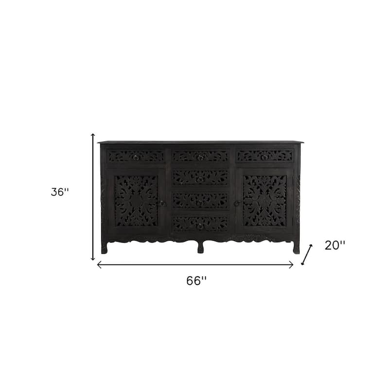 HomeRoots 66" Black Distressed Solid Wood Carved Floral Six Drawer Sideboard With Two Doors - 66.00 in. x 36.00 in. x 20.00 in.