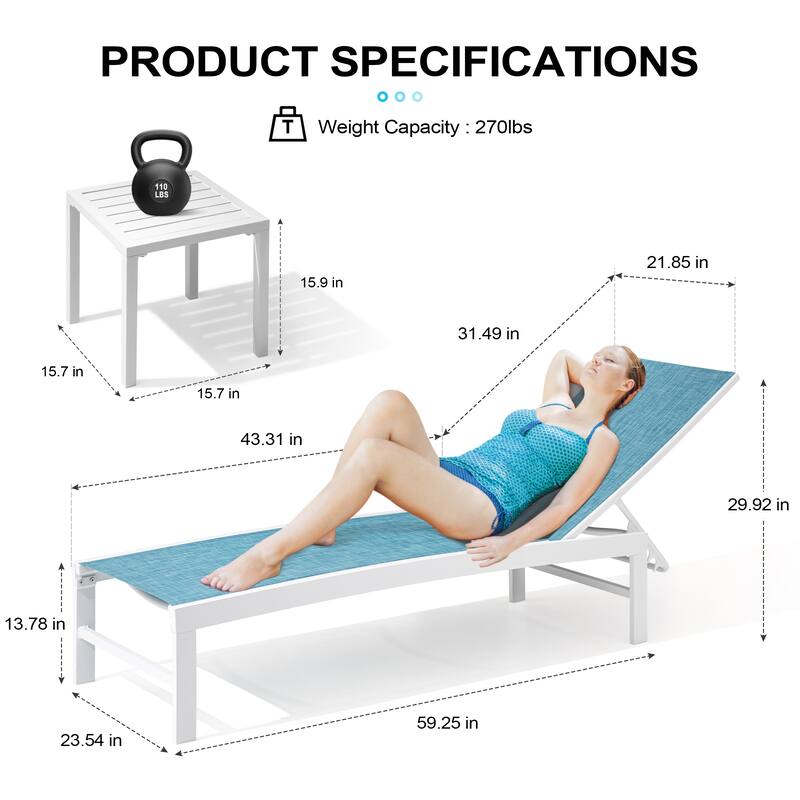 Outdoor Aluminum Chaise Lounge Chairs and Side Table, Sun Lounger with Adjustable Backrest