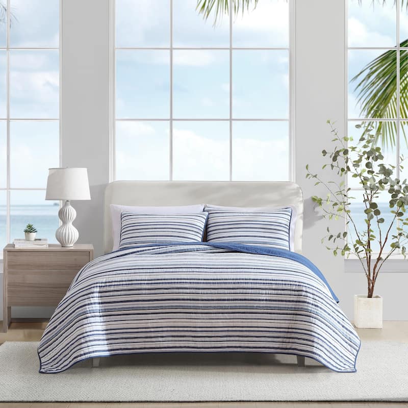 Nautica Pembrook Classic Stripes With Solid Reverse Cotton Quilt (Blue, 3 Piece Set)