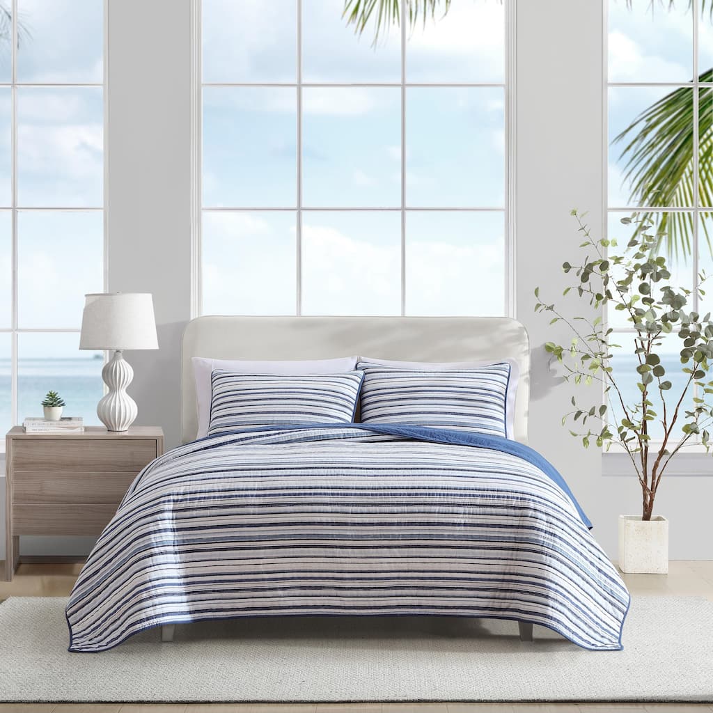 Nautica Pembrook Classic Stripes With Solid Reverse Cotton Quilt (Blue, 3 Piece Set)
