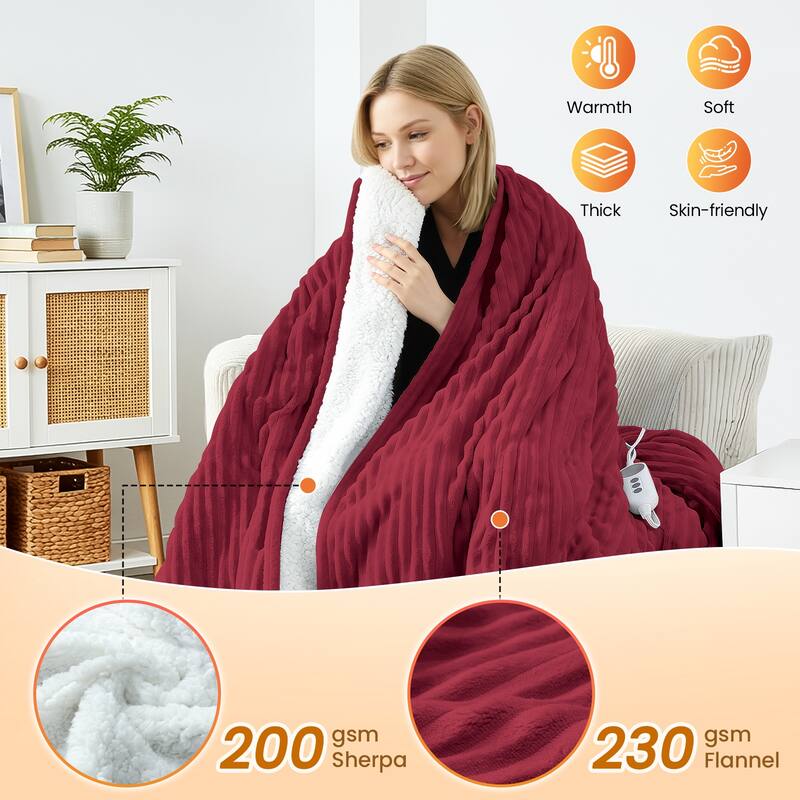 Reversible Heated Blanket & Throw, Flannel & Sherpa Electric Blanket with 9 Heat Settings and Auto Shut-Off