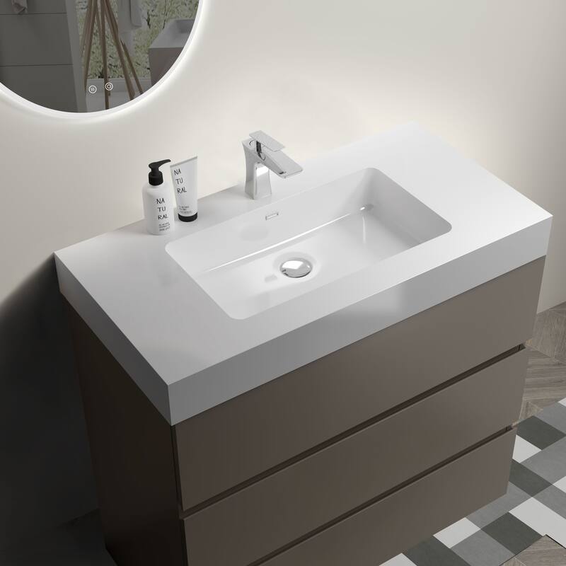 36" Grey Large Storage Freestanding Vanity for Modern Bathroom, One-Piece White Sink Basin without Drain and Faucet
