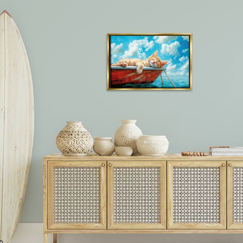 Stupell Sleeping Cat on Boat Framed Floater Canvas Wall Art Design By Parable Visions