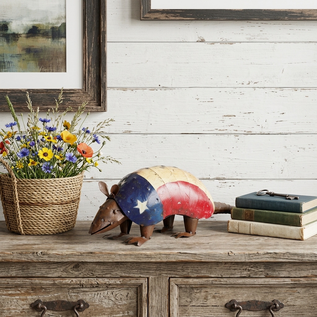 HomeRoots 16" Red Off White And Blue Metal Armadillo Tabletop Sculpture - 16.00 in. x 6.00 in. x 5.00 in.