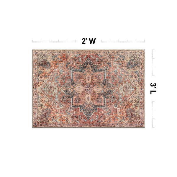 dimension image slide 11 of 17, Floral Medallion Washable Rug – Low Pile, Non-Slip, Ideal for Entryway, Living Room, and Bedroom