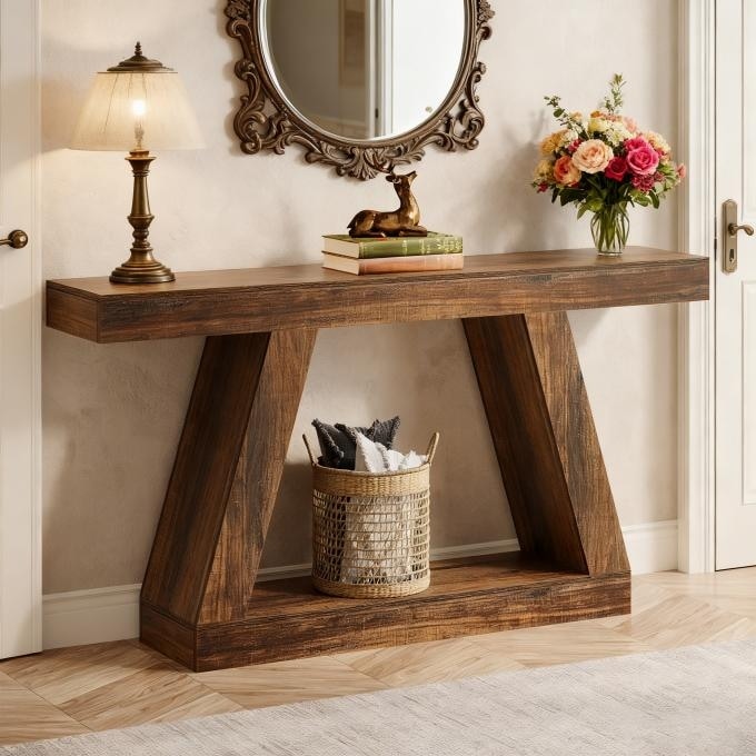 55-Inch Wooden Console Table with Storage, Farmhouse Sofa Table Entryway Table for Hallway, Living Room