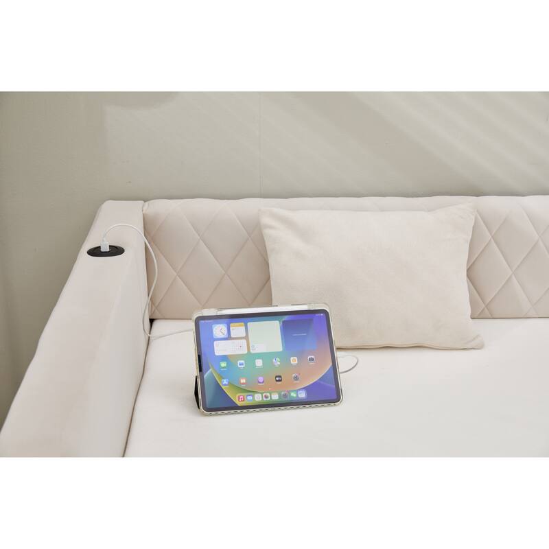 Twin Size Upholstered Daybed with Trundle, Velvet Sofa Bed with USB Port & Side Pockets, Modern V-Grained Backrest Guest Bed