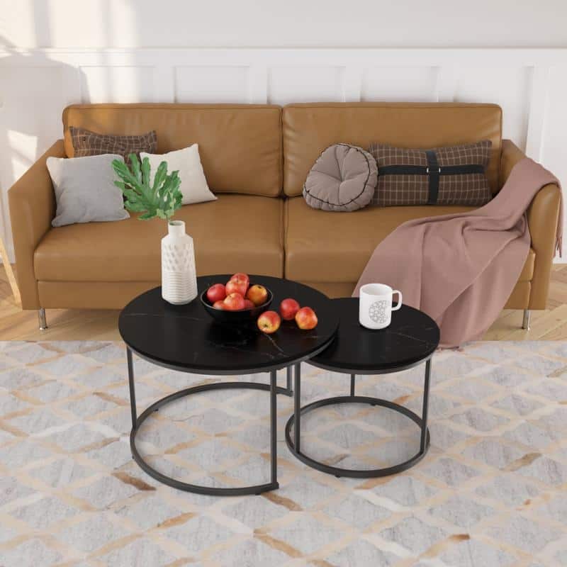 Round Nesting Coffee Table Set of 2 with Marble Pattern Top & Metal Frame