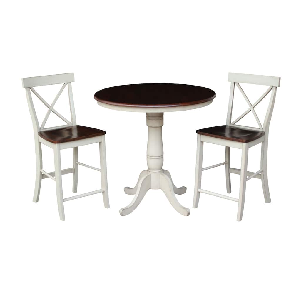 International Concepts 36" Round Pedestal Table with 2 X-back Counter Height Stools - Set of 3